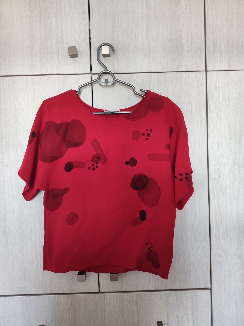 Adam Lippes Silk Red Short-Sleeve Top with Abstract Spot Print